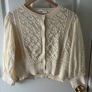 Carly Jean Los Angeles Cream Lace Knit Cropped Cardigan Sweater